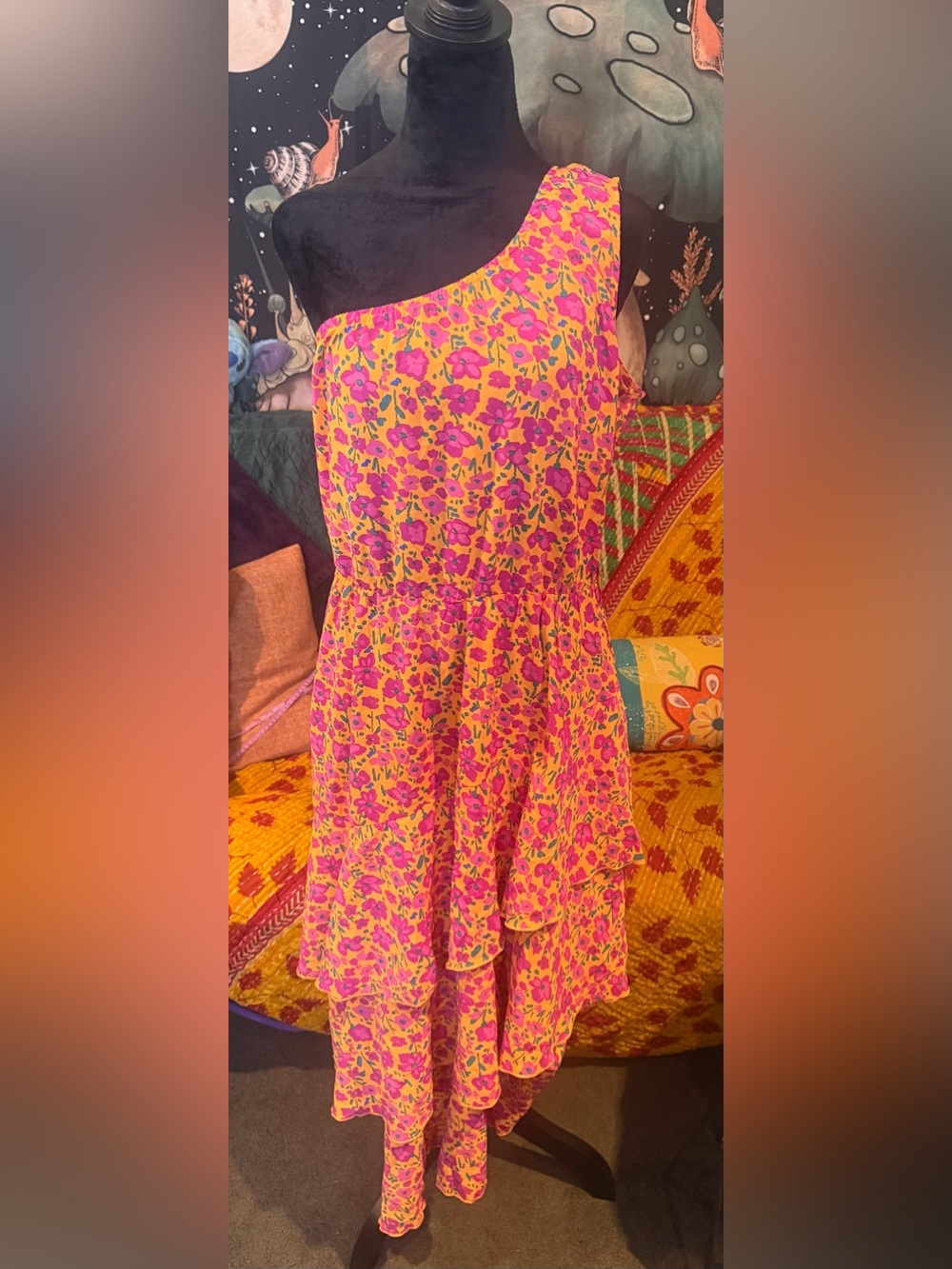 One-Shoulder Floral Midi Dress in Yellow & Pink